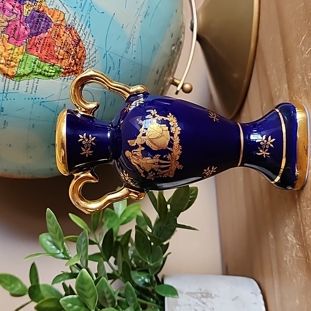 Limoges France Cobalt Blue and Gold Miniture  Porcelain Vase